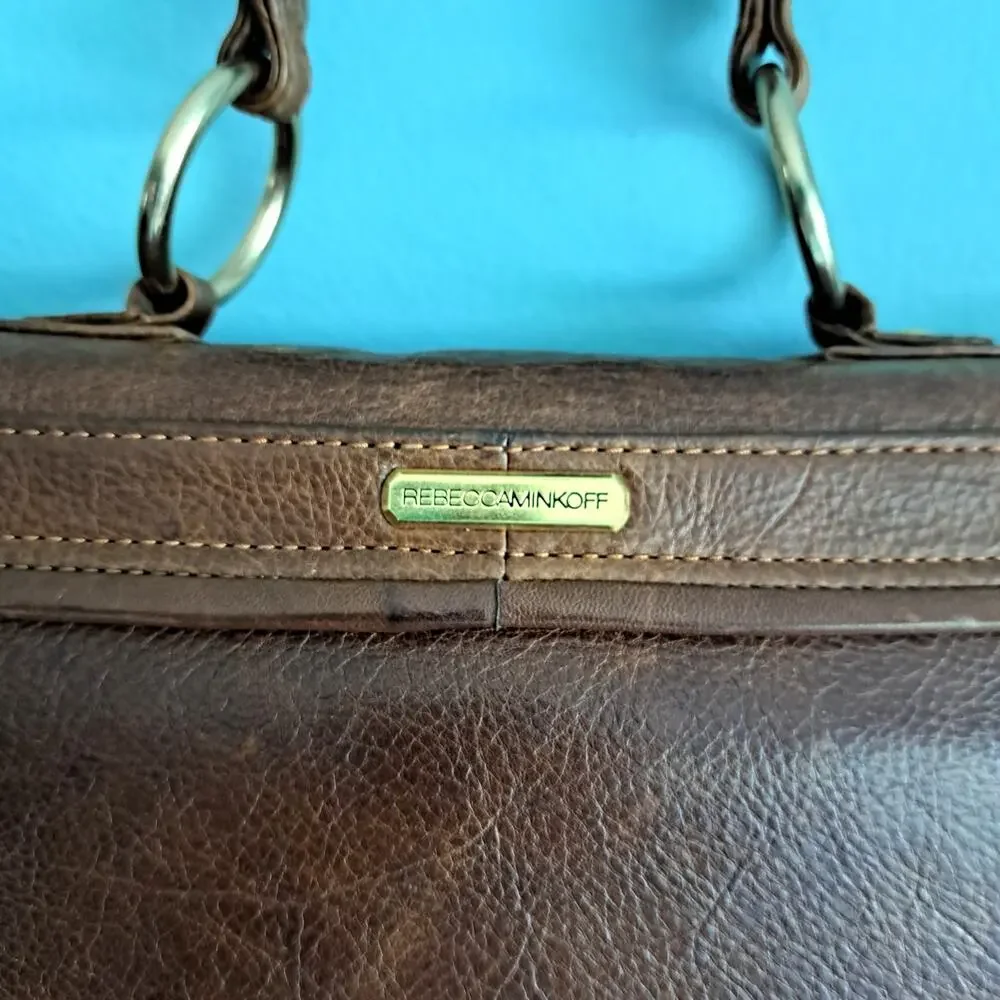 Rebecca Minkoff Covet Satchel Bag Brown Glazed Leather Turnlock Leopard Hobo